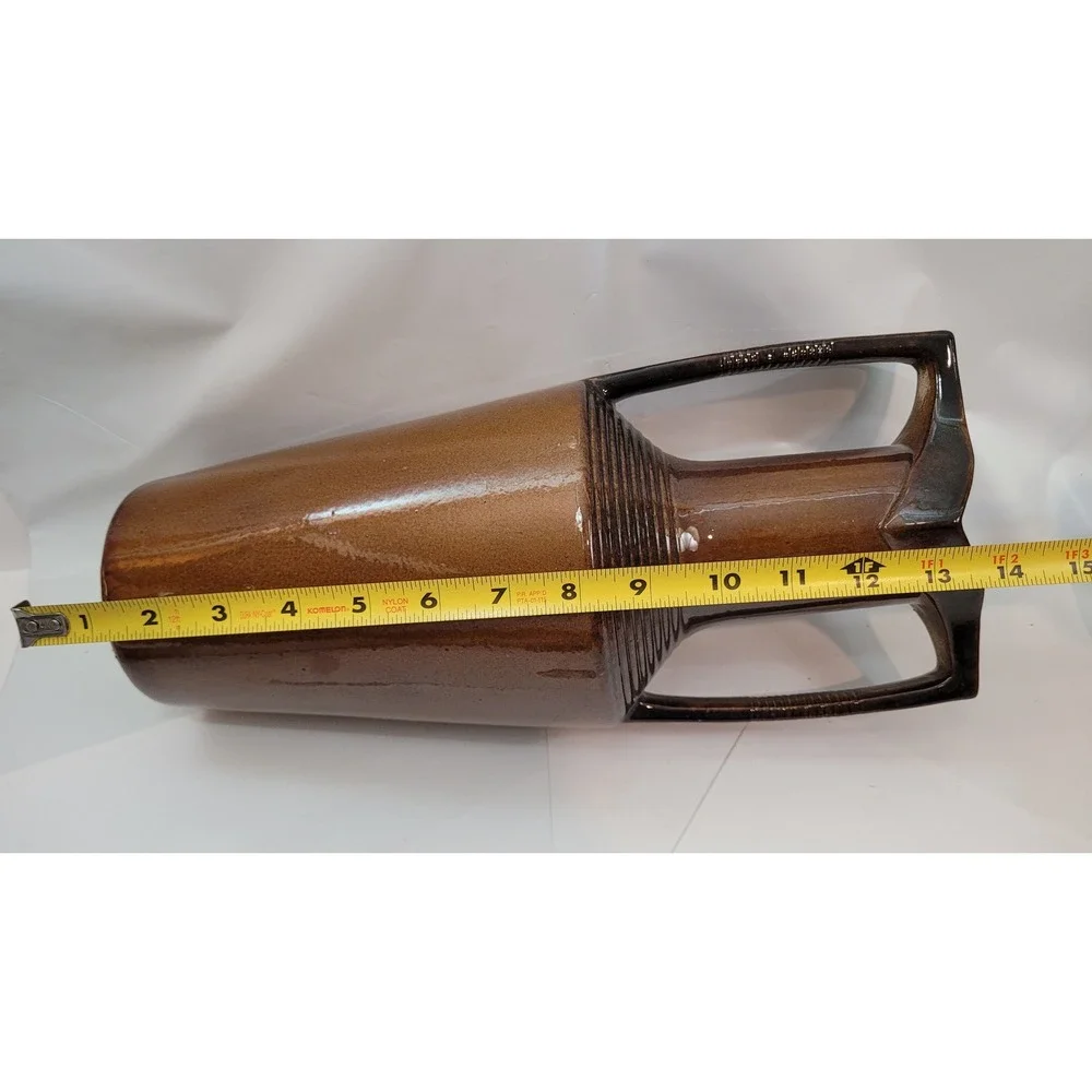 Nemadji Pottery Vase 4688P Vintage Modern Brown Glazed Ribbed Dual Handle 14